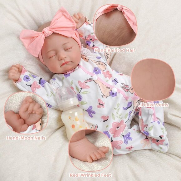 🆕17inch Soft Cloth Body Newborn Baby Poseable Limbs Pink White Baby Doll Girl - Picture 3 of 8